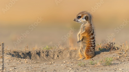  A meerkat, tiny yet bold, stands erect on dirt-covered hind legs against an indistinct backdrop