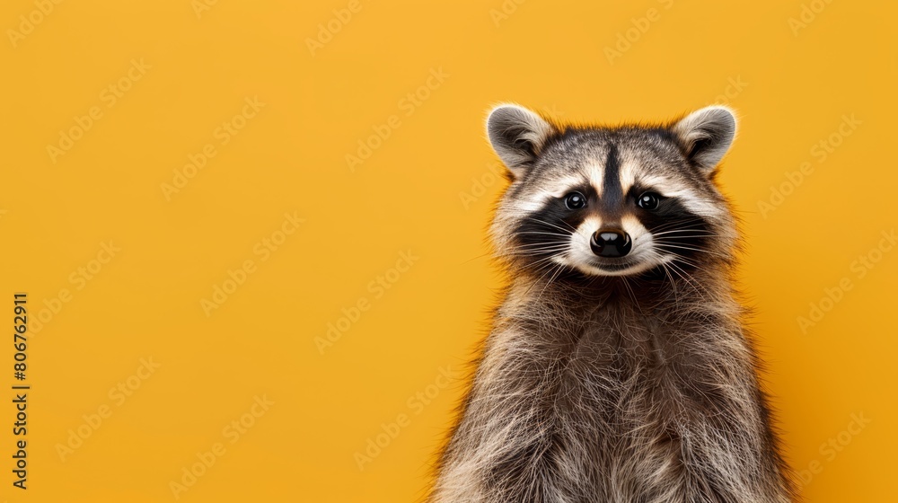   A raccoon, startled, stands on hind legs, gazing at the camera with wide-eyed surprise