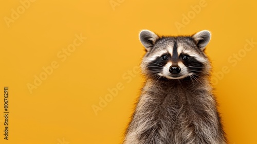  A raccoon, startled, stands on hind legs, gazing at the camera with wide-eyed surprise
