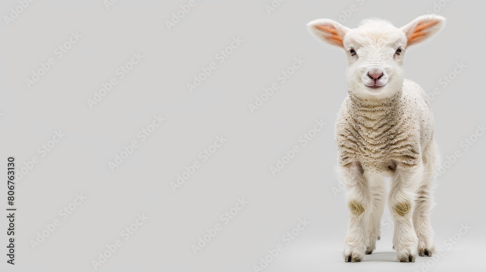 A sheep gazes sadly into the camera against a pristine white backdrop A sheep gazes sadly into the camera against a pristine white backdrop