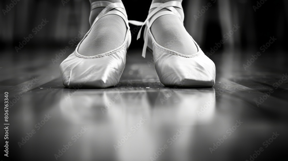 A monochrome image of feet in white ballet shoes against a dark wood floor and black backdrop A monochrome image of feet in white ballet shoes against a dark wood floor and black backdrop
