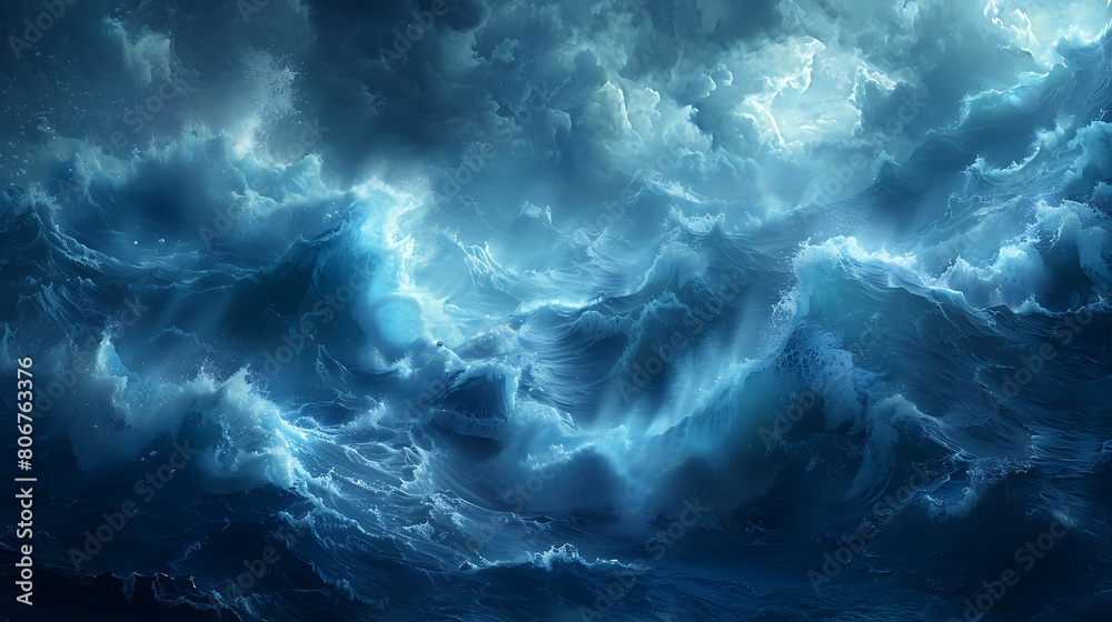 A panoramic underwater scene depicting deep blue oceanic waves, with sunlight refracting through the water, creating a captivating play of light and shadows.