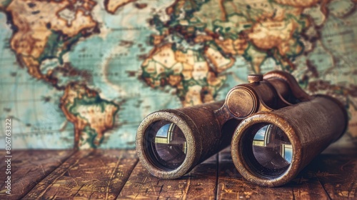  A binoculars pair sits atop a weathered wood floor, facing a wall adorned with a global map