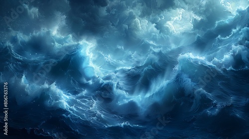 A panoramic underwater scene depicting deep blue oceanic waves  with sunlight refracting through the water  creating a captivating play of light and shadows.