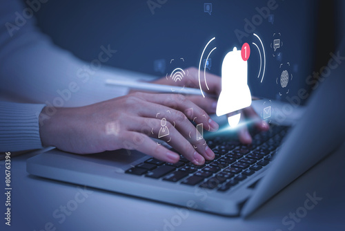 Notification bell alert of application from business communication connectivity concept for digital with email and marketing notifications. Businessman using laptop internet technology.