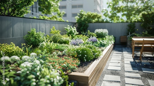 sustainable urban garden on rooftop featuring a wooden table and chairs, surrounded by a gray fence and white building, with a vibrant purple flower adding a pop of color