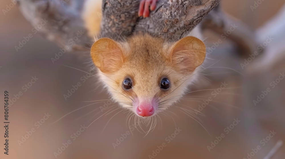 A tight shot of a small rodent on a tree limb, its tongue extended from its mouth A tight shot of a small rodent on a tree limb, its tongue extended from its mouth