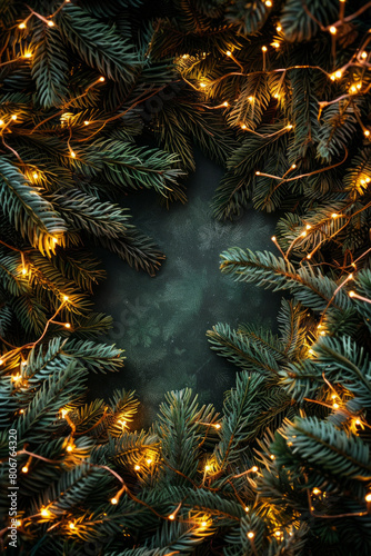 Beautiful fairy lights pattern with tree branches around the frame with blank center for background