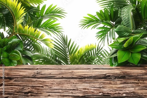 wooden table top with spring green palm leafs free space for text Product display background concept
