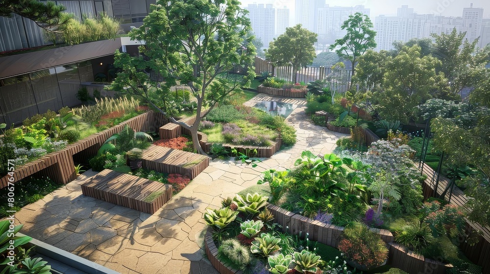 sustainable urban garden on rooftop featuring a wooden fence, tall green trees, and a vibrant purple flower