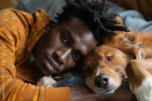 black man tenderly cuddling his loyal dog at home heartwarming aigenerated portrait