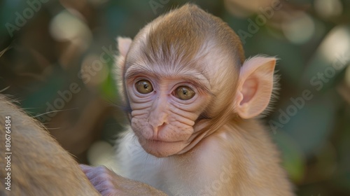 A tight shot of a small monkey grinning widely, with a tree in the backdrop