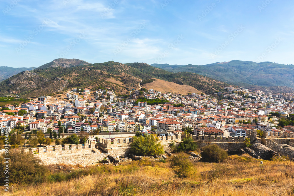 Selcuk town and ruins panorama as seen from citadel, clear day, travel, history, and architecture themes Selcuk town and ruins panorama as seen from citadel, clear day, travel, history, and architecture themes