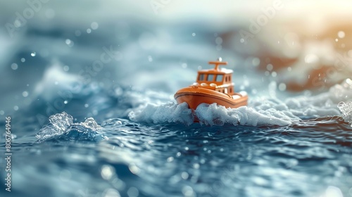 Sea travel concept, orange lifeboat on rough sea conceptualizes struggle and hope, hardship peril jeopardy crisis emergency photo