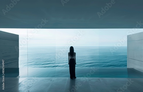 a woman is standing in front of a large window overlooking the ocean