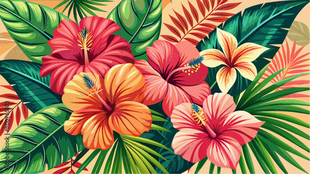 Hibiscus flowers and palm leaves background. Vector illustration.