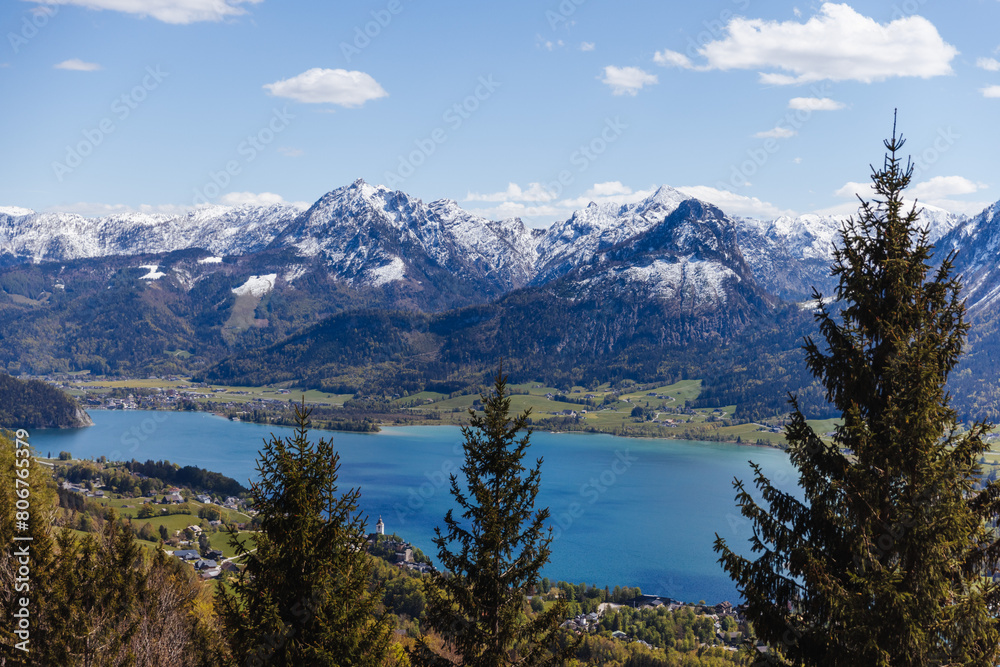 Lake Wolfgangsee, landscape with lake and mountains in Austria