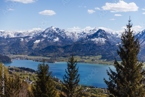 Lake Wolfgangsee  landscape with lake and mountains in Austria