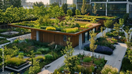 sustainable urban oasis with green roof, wooden bench, and towering building surrounded by lush trees