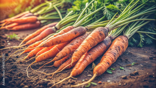 A vibrant display of ripe carrots nestled in a garden bed at a home farm. The image beautifully captures the bounty of nature and the joy of home gardening. photo