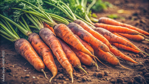 A vibrant display of ripe carrots nestled in a garden bed at a home farm. The image beautifully captures the bounty of nature and the joy of home gardening. photo