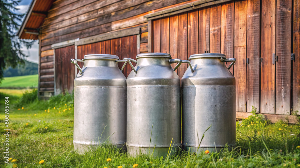 Gleaming milk cans standing proudly by a home dairy farm. The image encapsulates the charm of countryside living and the freshness of farm produce. Gleaming milk cans standing proudly by a home dairy farm. The image encapsulates the charm of countryside living and the freshness of farm produce.