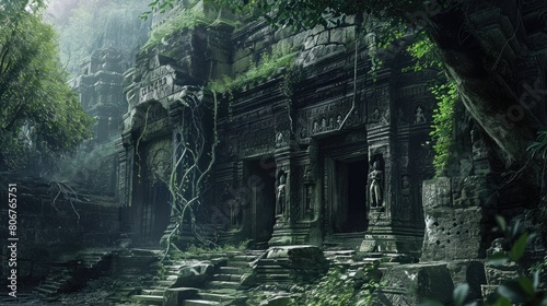 An ancient  abandoned temple overrun by nature  with intricate carvings and overgrown vines. Resplendent.