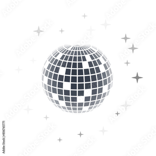 Disco ball vector in 3d style isolated on white background. Vector 3d disco ball background with stars and glitter. Music dance illustration.