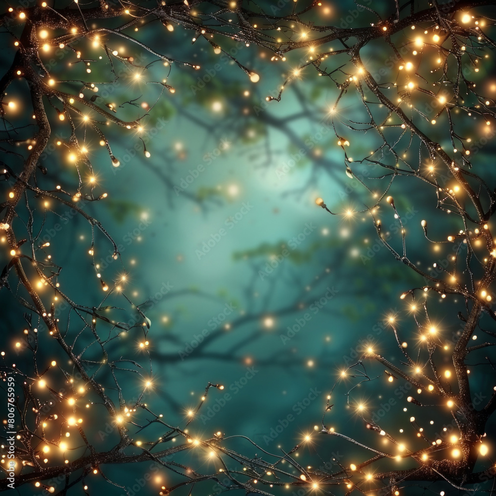 Beautiful fairy lights pattern with tree branches around the frame with blank center for background