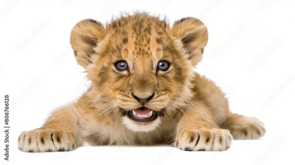   A tight shot of a lion cub on a white backdrop, tongue out and eyes wide, gazing into the lens