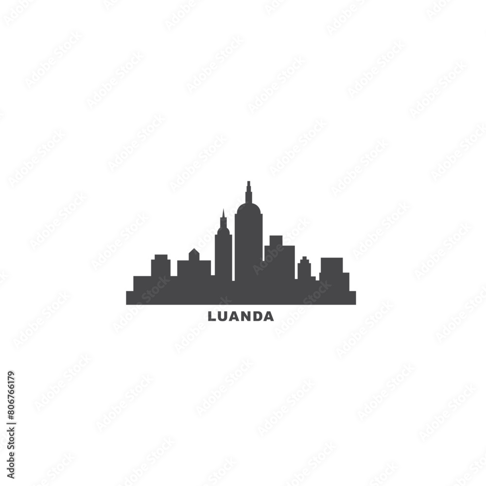 Naklejka premium Luanda cityscape skyline city panorama vector flat modern logo icon. Angola capital emblem idea with landmarks and building silhouettes. Isolated solid shape black graphic