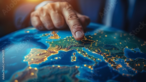 Businessman pointing at map of europe on globe.	 photo