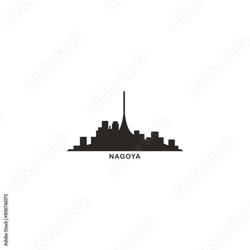 Nagoya cityscape skyline city panorama vector flat modern logo icon. Japan megapolis emblem idea with landmarks and building silhouettes. Isolated simple solid shape black graphic