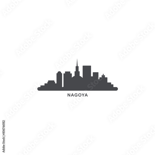 Nagoya cityscape skyline city panorama vector flat modern logo icon. Japan megapolis emblem idea with landmarks and building silhouettes. Isolated simple solid shape black graphic