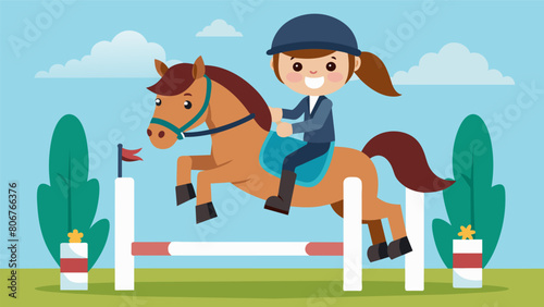 A young rider and her pony compete in a childrens show jumping class their bright smiles and determination evident as they conquer each jump.. Vector illustration