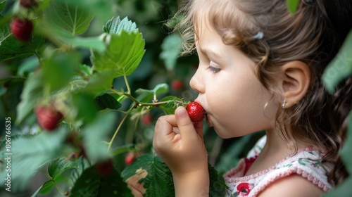 The toddlers food craving led her to pick a cherry from the tree. With a smile on her face  she sat on the grass  eyelash fluttering as she enjoyed the sweet fruit AIG50