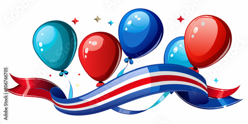 Vector illustration of balloons in red, blue, on white background with patriotic ribbons, ideal for American celebration themes of 4th July 