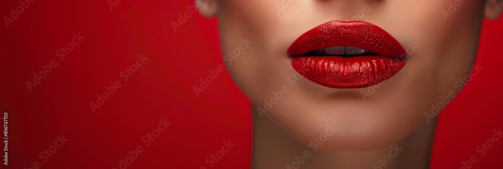 Obraz premium Close-up of a woman's lips with red lipstick on a red background with copy space. Panorama