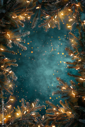 Beautiful fairy lights pattern with tree branches around the frame with blank center for background © grey
