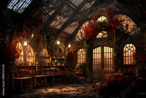 Interior of a greenhouse with plants and flowers  3d render