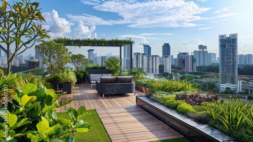 urban jungle rooftop garden with skyline views featuring tall buildings, blue sky, and white clouds, complemented by a black pot