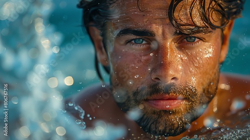 closeup handsome caucasian man swimming in water, vacation