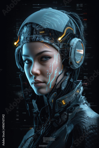 A woman listening to music through headphones while wearing a high-tech, futuristic helmet