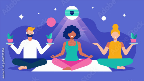 With no outside distractions quiet disco yoga allows yogis to truly disconnect and reconnect with themselves on a deeper level.. Vector illustration