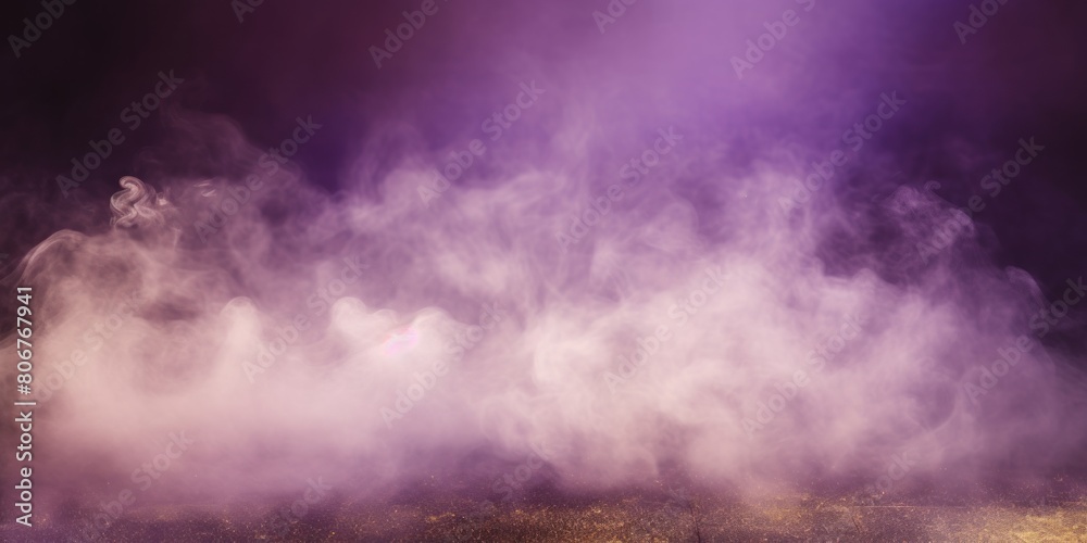 Purple smoke empty scene background with spotlights mist fog with gold glitter sparkle stage studio interior texture for display products blank 