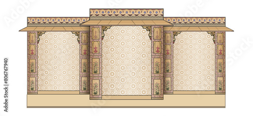 Mughal Wedding Arch structure. Can be used in the wedding stage backdrop, invitation card design. Vector illustration photo