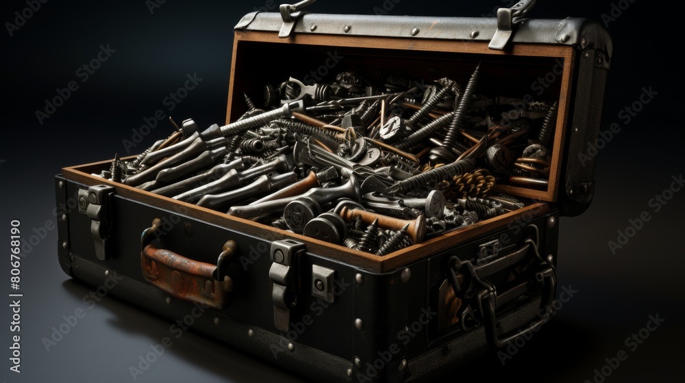 A briefcase bursting with various tools rests on a table A briefcase bursting with various tools rests on a table