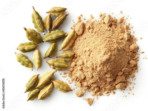 Green cardamom pods and ground cardamom powder isolated on white background. photo