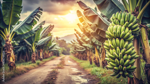 Wallpaper Mural A captivating view of a banana grove, bathed in the warm glow of the setting sun. The image beautifully captures the essence of tropical agriculture and the abundance of a banana plantation. Torontodigital.ca