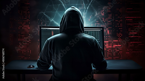 on dark room with red lights neon Back view of an anonymous person in a hoodie sitting in front of a computer working in hacking sites , scamming people , hacker style matrix ,cybersecurity hack 